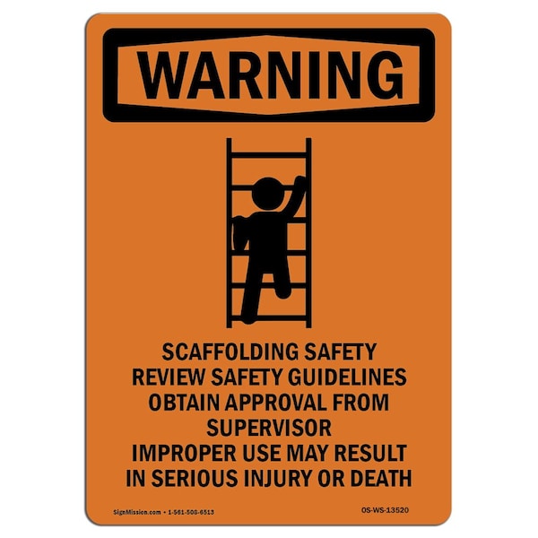 OSHA WARNING Sign, Scaffolding Safety W/ Symbol, 14in X 10in Aluminum, 10" W, 14" L, Portrait
